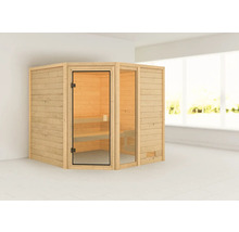 Holzsauna mit Glastür und Bänken