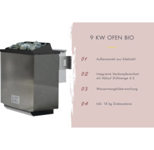 9 Kilowatt Saunaofen Bio mit Edelstahlaussenmantel, integrierter Verdampfereinheit und 18 Kilogramm Diabassteinen