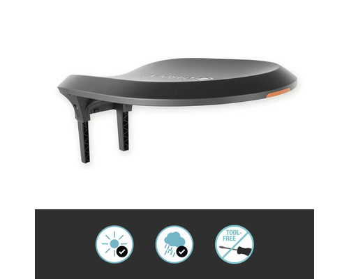 Gardena Dach für Mähroboter mit Sonnen- und Regensymbol sowie Symbol für werkzeugfreie Montage