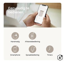 Eine Person bedient ein Rollo über eine Smartphone App sowie weitere Steuerungsoptionen wie Fernbedienung, Sprache und Zeitschaltuhr. (Image AI modified or generated)