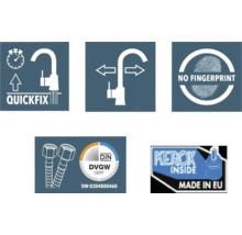 Symbole für Schnellmontage, Bewegungsradius, keine Fingerabdrücke, Deutsches Verein des Gas- und Wasserfaches Zertifikat und Merox Inside Made in EU