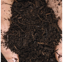 Nahaufnahme von Rindenmulch in Händen für Garten und Landschaftsbau