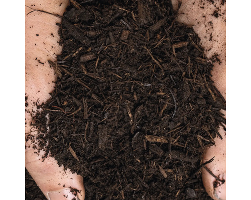 Nahaufnahme von Rindenmulch in Händen für Garten und Landschaftsbau