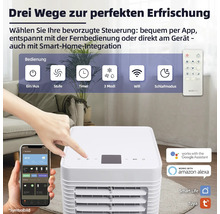 Mobile Klimaanlage mit verschiedenen Bedienoptionen: per App, Fernbedienung oder direkt am Gerät.