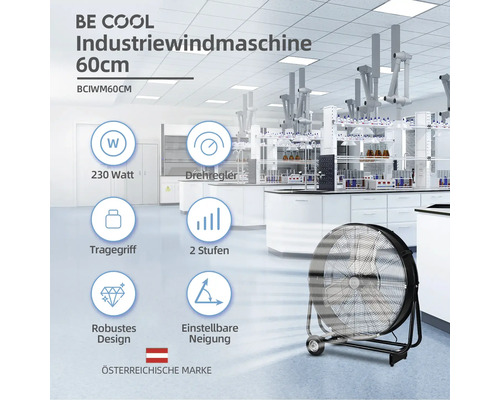 Industriewindmaschine mit 60 Zentimeter Durchmesser vor einem Labortisch.