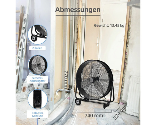 Schwarzer Ventilator mit Abmessungsangaben in Baustelle