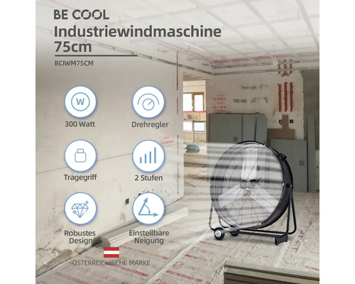 Be Cool Industriewindmaschine 75 Zentimeter mit 300 Watt Leistung und Drehregler im Raum