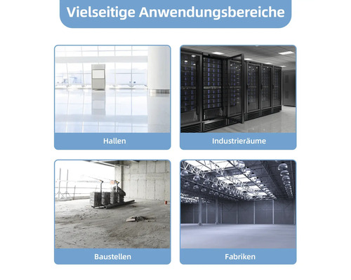 Anwendungsbereiche: Hallen, Industrieräume, Baustellen und Fabriken.