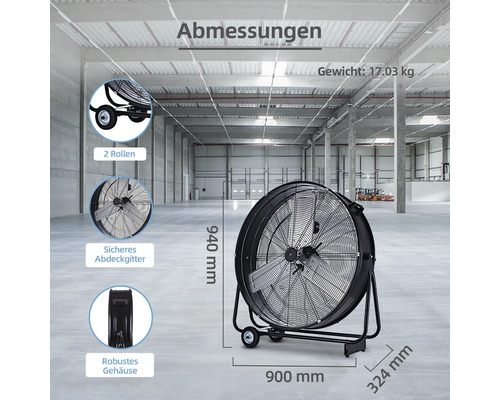 Abbildung eines fahrbaren Ventilators mit den Maßen 940 mm Höhe, 900 mm Breite und 324 mm Tiefe.