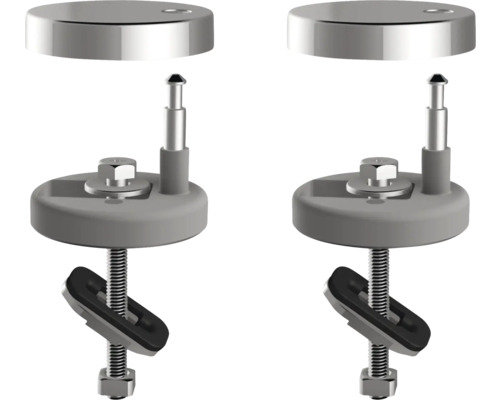 Zwei WC-Sitzbefestigungen mit Schrauben und Abdeckkappen