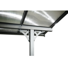 Detailansicht eines Pavillons mit Polycarbonatdach und Metallstützstruktur