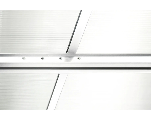 Detailaufnahme einer Gewächshauskonstruktion mit Aluminiumrahmen und Schrauben
