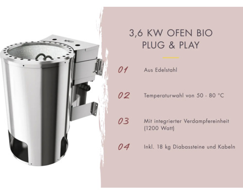 3,6 Kilowatt Saunaofen aus Edelstahl mit Temperaturregelung und Diabassteinen