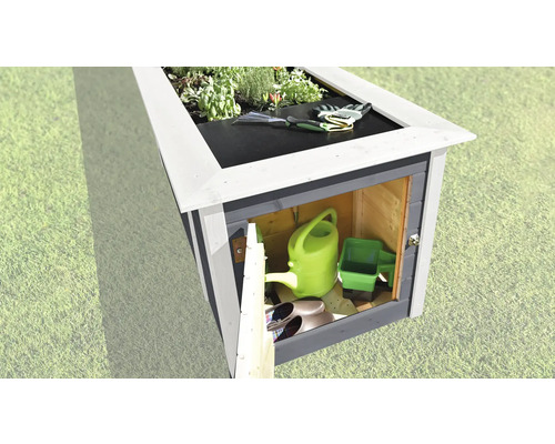 Gartenschrank mit Pflanzkasten, Gartengeräten und Gießkanne