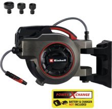 Einhell Automatik-Schlauchtrommel mit drei Hahnanschlüssen und Power X-Change Hinweis. Akku und Ladegerät nicht im Lieferumfang enthalten.