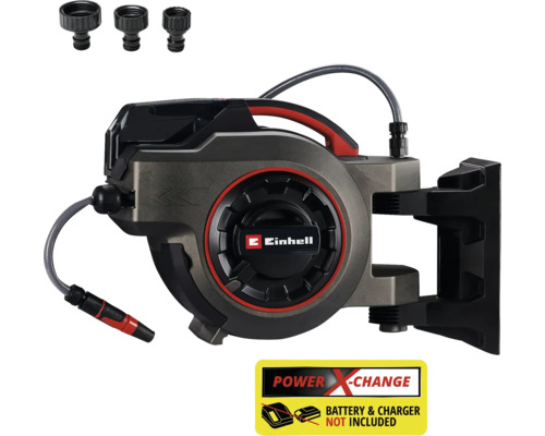 Einhell Automatik-Schlauchtrommel mit drei Hahnanschlüssen und Power X-Change Hinweis. Akku und Ladegerät nicht im Lieferumfang enthalten.
