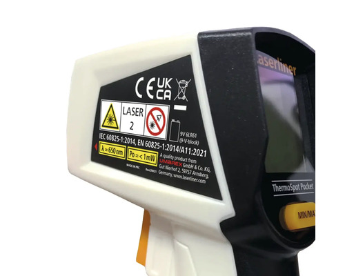 Sicherheitshinweise und Herstellerinformationen auf einem Laserliner Thermospot Pocket
