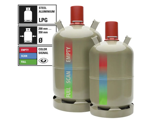 Zwei Flüssiggasflaschen aus Stahl und Aluminium mit Füllstandsanzeige