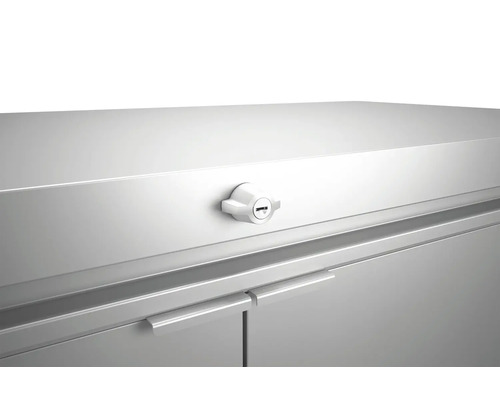 Detailaufnahme eines Metallschranks mit Schloss und Griffen