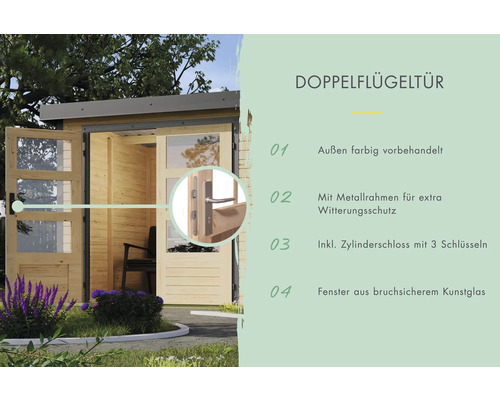 Doppeltür für Gartenhaus mit Metallrahmen, Zylinderschloss und bruchsicherem Kunstglas