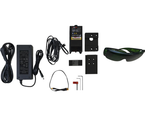 Lasergravierer Zubehör mit Netzteil, Kabeln, Halterungen, Werkzeugen und Schutzbrille