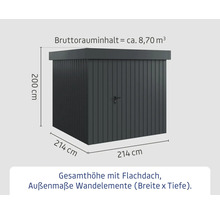 Abmessungen eines Gerätehauses mit Flachdach: 200 cm hoch, 214 cm breit und 214 cm tief. Das Bruttorauminhalt beträgt circa 8,70 Kubikmeter.