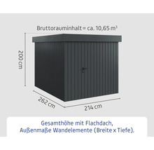 Abmessungen des Gartenhauses mit Flachdach: 200 cm Höhe, 262 cm Breite und 214 cm Tiefe