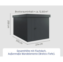 Gartenschrank mit den Maßen 310 x 214 x 200 cm und einem Bruttorauminhalt von circa 12,60 Kubikmetern.
