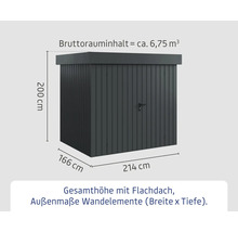 Abbildung eines Gerätehauses mit den Maßen 214 Zentimeter Breite, 166 Zentimeter Tiefe und 200 Zentimeter Höhe.