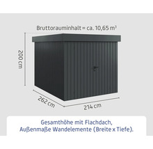 Abmessungen eines Gerätehauses mit Flachdach und Wandelementen