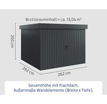 Abmessungen eines Gerätehauses mit Flachdach: 200 cm Höhe, 262 cm Breite und 262 cm Tiefe. Das Bruttorauminhalt beträgt circa 13,04 Kubikmeter.