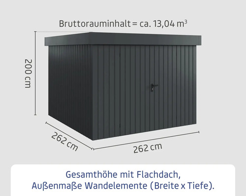 Abmessungen eines Gerätehauses mit Flachdach: 200 cm Höhe, 262 cm Breite und 262 cm Tiefe. Das Bruttorauminhalt beträgt circa 13,04 Kubikmeter.