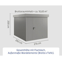 Abmessungen eines Gerätehauses mit Flachdach, Höhe 200 cm, Breite 214 cm, Tiefe 262 cm