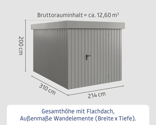 Abmessungen Gartenhaus mit Flachdach: 200 cm Höhe, 310 cm Breite, 214 cm Tiefe