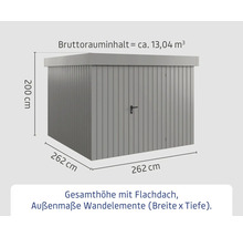 Abbildung eines Gerätehauses mit Flachdach und Maßangaben