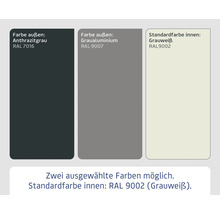Farbauswahl mit Anthrazitgrau RAL 7016, Graualuminium RAL 9007 und Grauweiß RAL 9002
