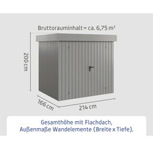 Gartenschrank aus Metall mit Flachdach und Tür, Abmessungen 214 x 166 x 200 cm