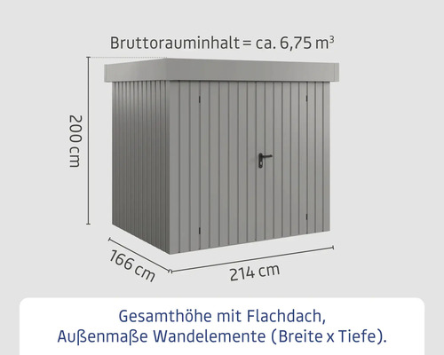 Gartenschrank aus Metall mit Flachdach und Tür, Abmessungen 214 x 166 x 200 cm