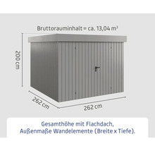 Abmessungen eines Gerätehauses mit Flachdach, Außenmaße der Wandelemente: Breite 262 cm, Tiefe 262 cm, Höhe 200 cm, Bruttorauminhalt circa 13,04 Kubikmeter.