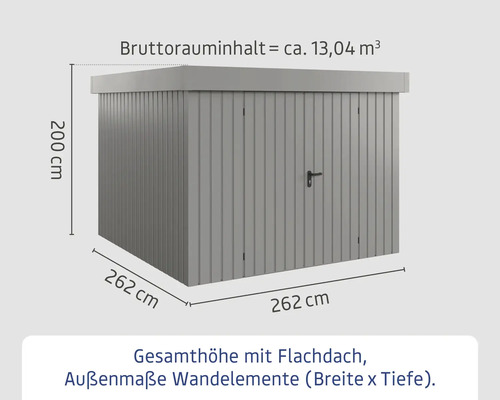 Abmessungen eines Gerätehauses mit Flachdach, Außenmaße der Wandelemente: Breite 262 cm, Tiefe 262 cm, Höhe 200 cm, Bruttorauminhalt circa 13,04 Kubikmeter.
