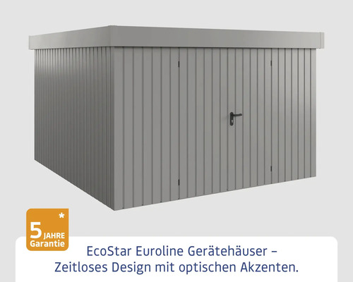 Graues Gerätehaus mit senkrechter Paneeloptik und schwarzem Türgriff