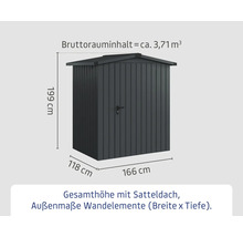 Abmessungen eines Gerätehauses mit Satteldach, circa 199 Zentimeter hoch, 118 Zentimeter tief und 166 Zentimeter breit