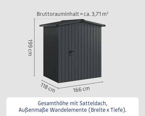 Abmessungen eines Gerätehauses mit Satteldach, circa 199 Zentimeter hoch, 118 Zentimeter tief und 166 Zentimeter breit