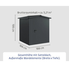 Abmessungen eines grauen Gerätehauses mit Satteldach und den Angaben Bruttorauminhalt circa 5,21 Kubikmeter, Höhe 199 Zentimeter, Breite und Tiefe je 166 Zentimeter