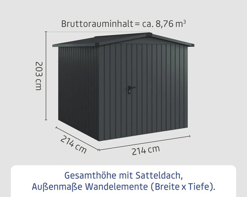 Abbildung eines Gerätehauses mit den Maßangaben 203 cm Höhe und 214 cm Breite und Tiefe