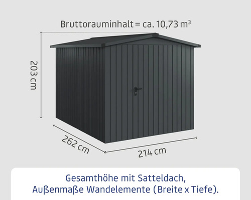 Gartenschuppen mit Satteldach und den Maßen 203 x 262 x 214 Zentimeter