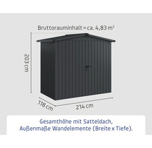 Abbildung eines Gerätehauses mit Satteldach und Maßangaben