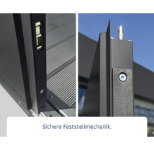 Detailansicht eines sicheren Feststellmechanismus für eine Terrassenüberdachung