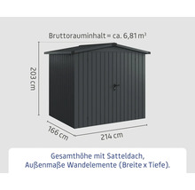 Abmessungen des Gartenhauses mit Satteldach: 203 cm hoch, 166 cm tief und 214 cm breit. Das Bruttorauminhalt beträgt circa 6,81 Kubikmeter.
