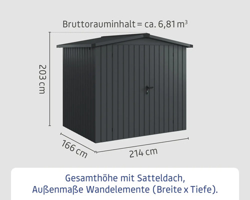 Abmessungen des Gartenhauses mit Satteldach: 203 cm hoch, 166 cm tief und 214 cm breit. Das Bruttorauminhalt beträgt circa 6,81 Kubikmeter.